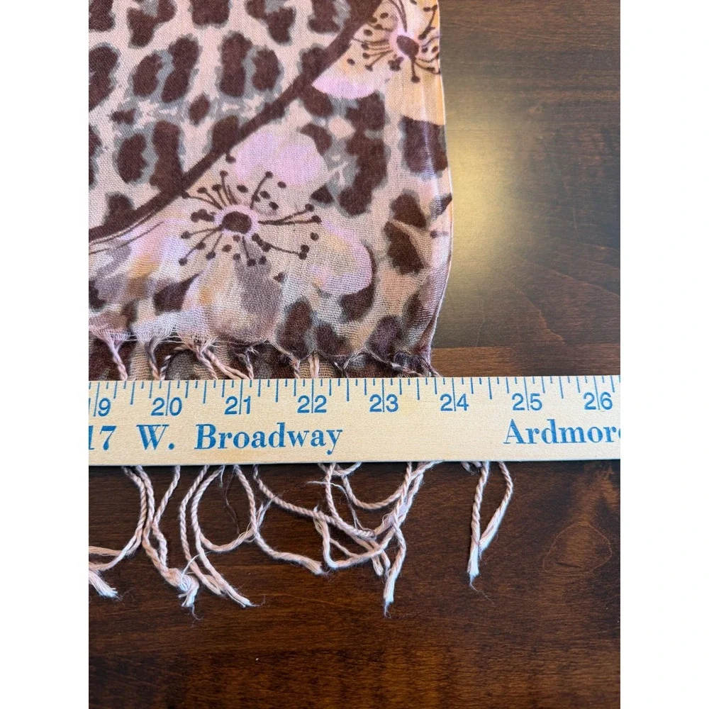 Leopard Floral Scarf Brown Pink Animal Print Fringe Wrap‎ Boho-Chic Maximalist